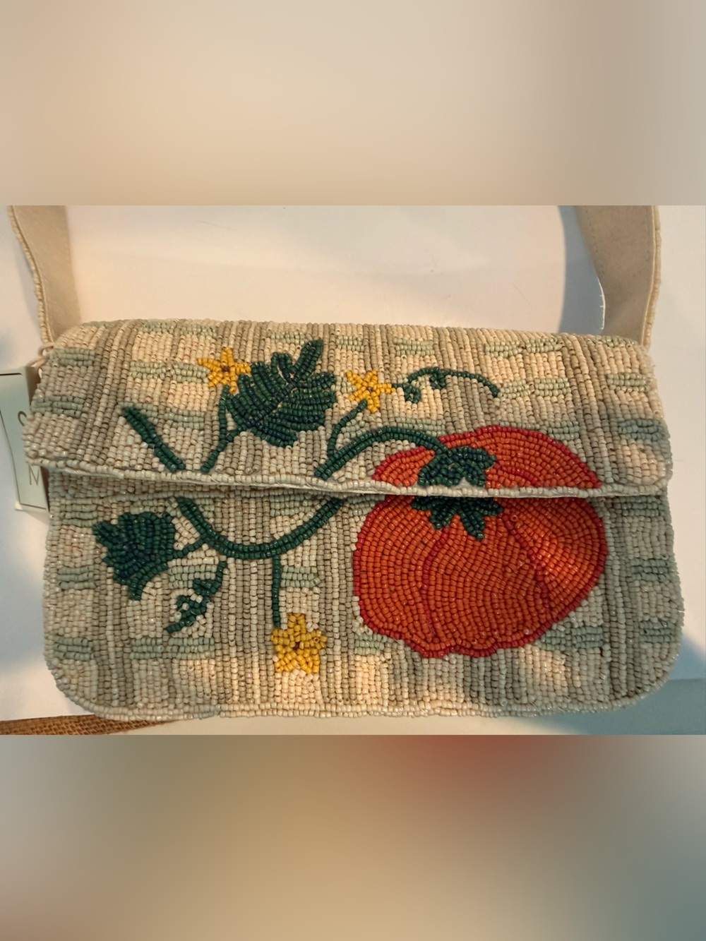 * NEW RELEASE Beaded Pumpkin Bag in Cream with Sage & Beige Check Background